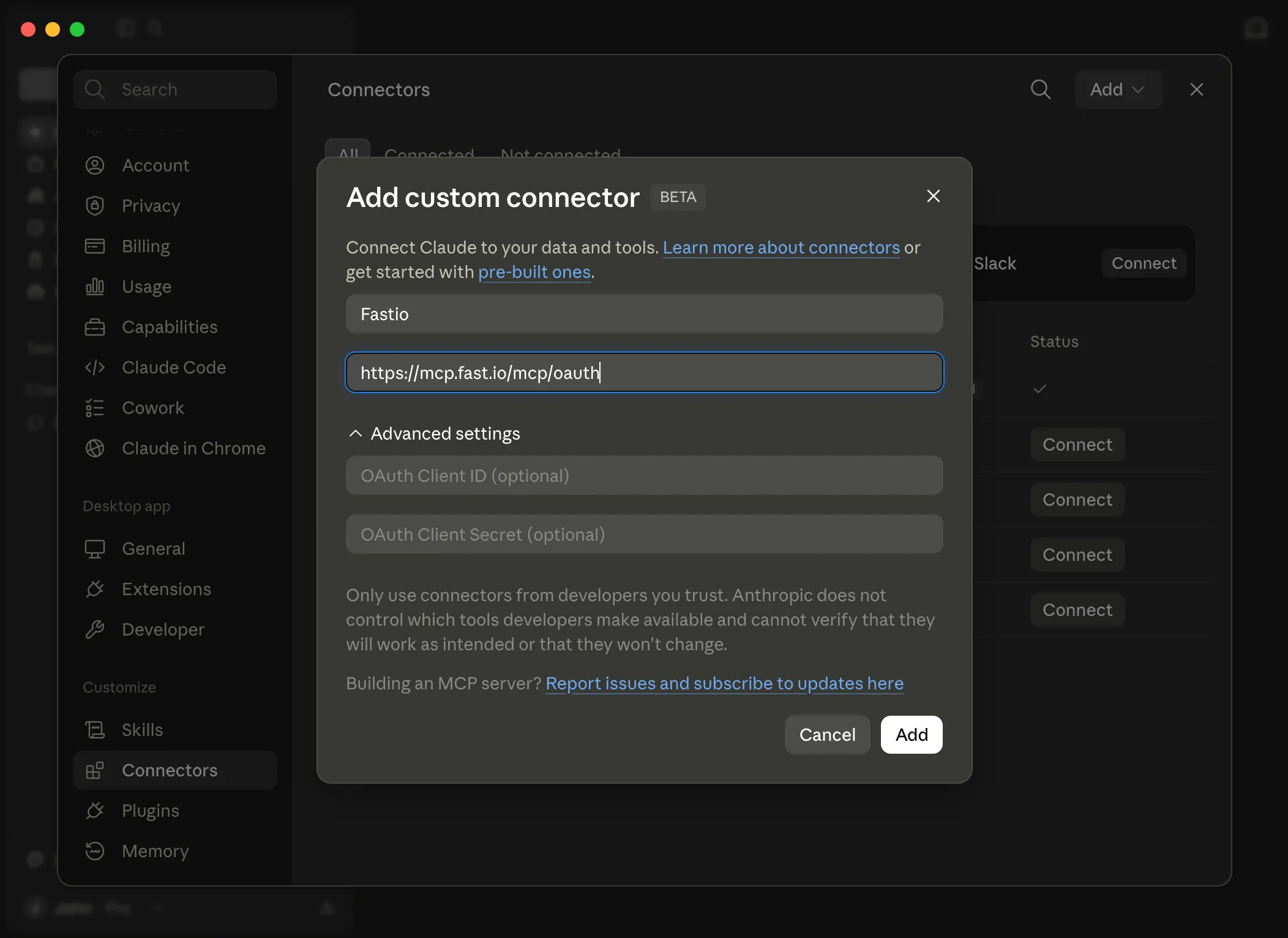 Add custom connector dialog with MCP URL filled in