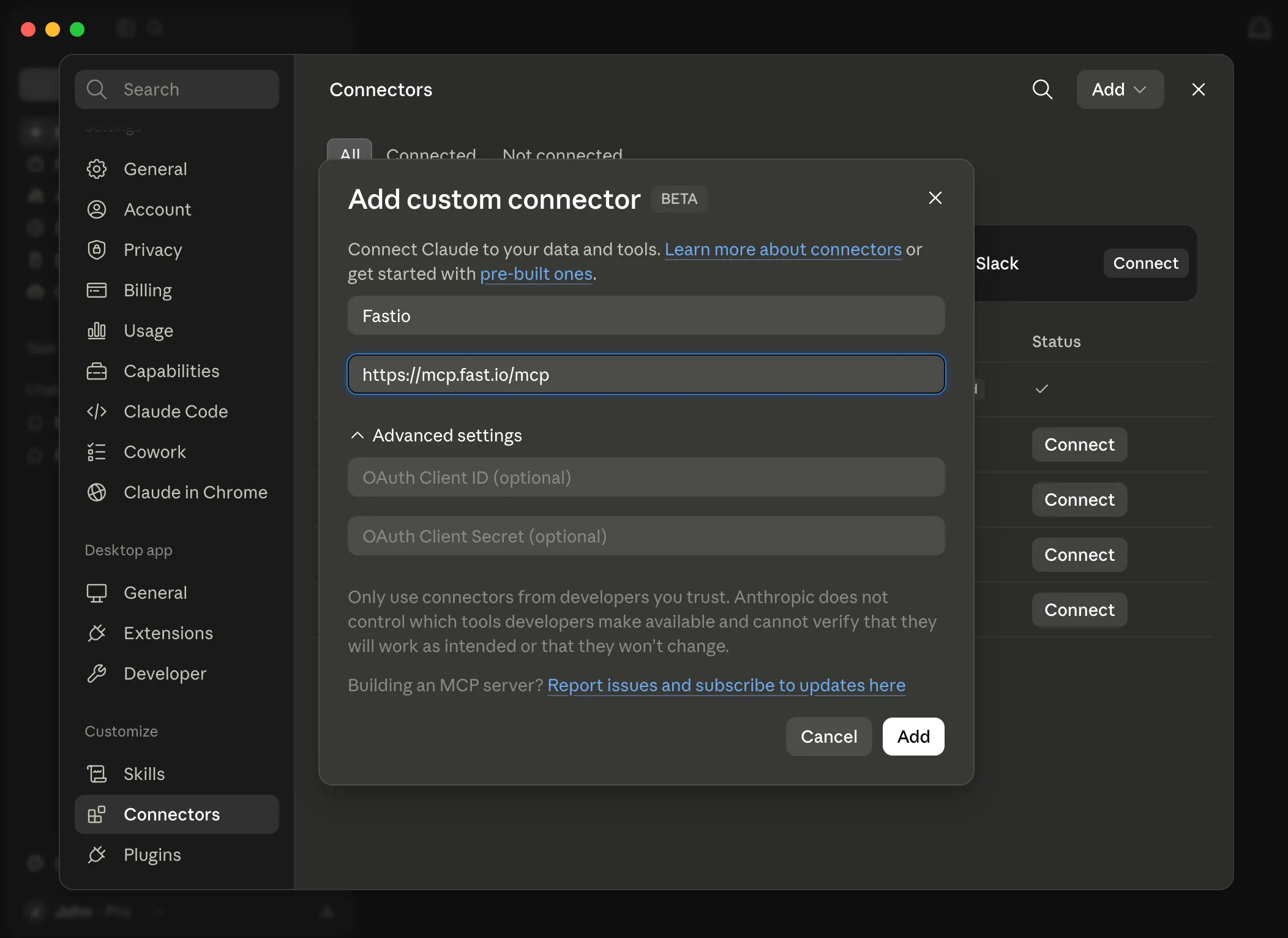 Add custom connector dialog with MCP URL filled in