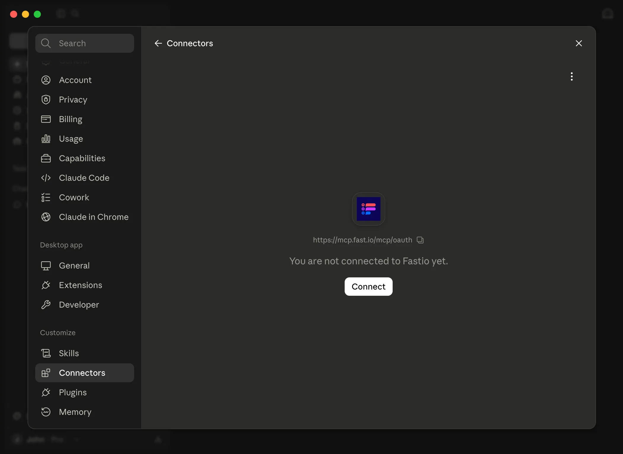 Fastio connector page showing Connect button