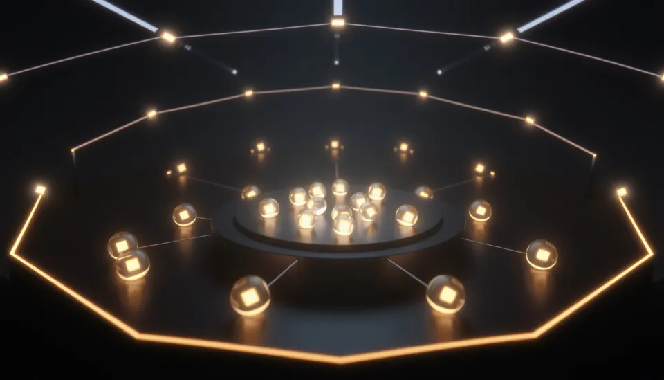 Abstract visualization of AI agents sharing data across a network