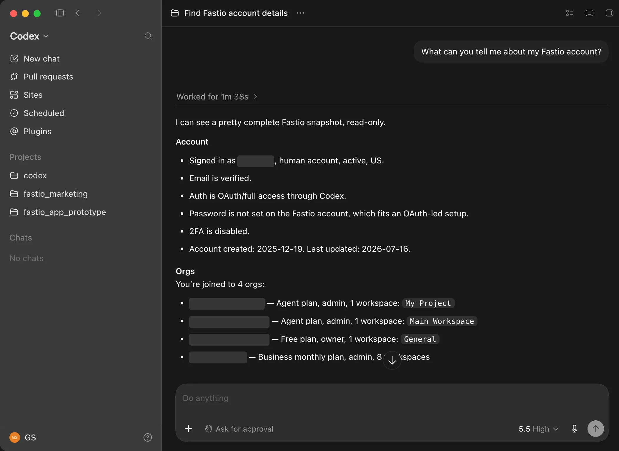 Codex Desktop showing Fastio account details