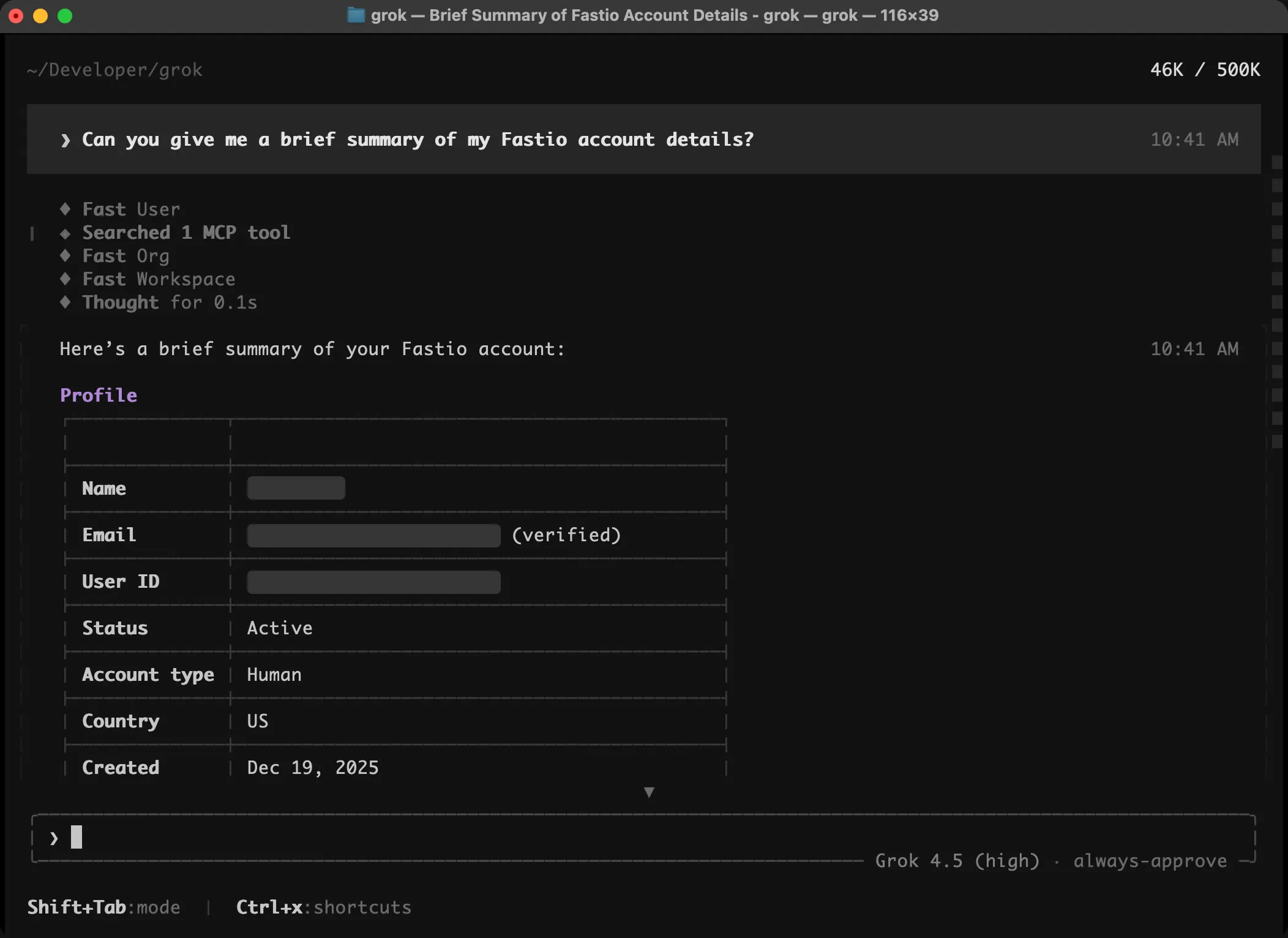 Grok CLI session showing Fastio account information response