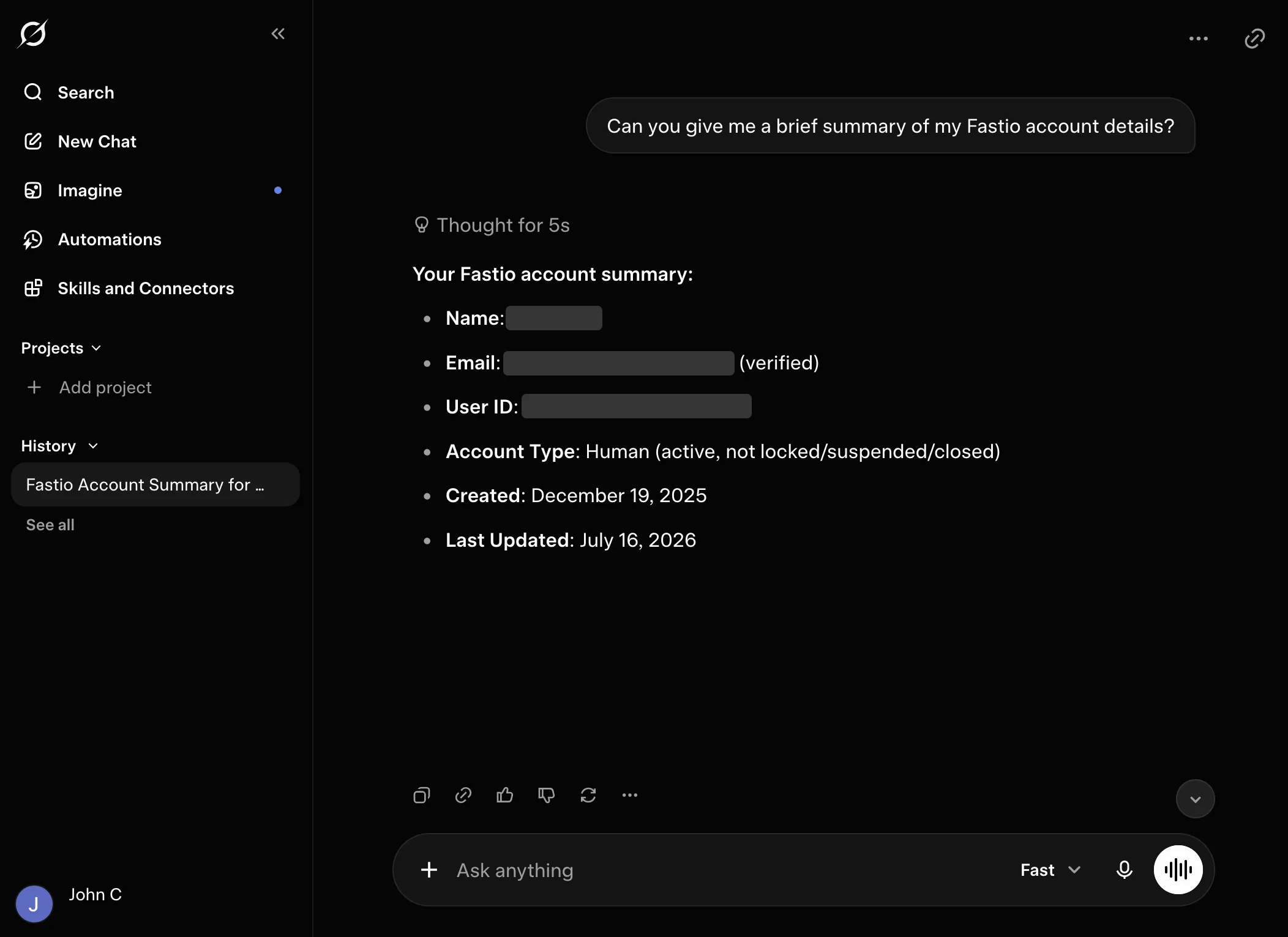 Grok chat summarizing the connected Fastio account details