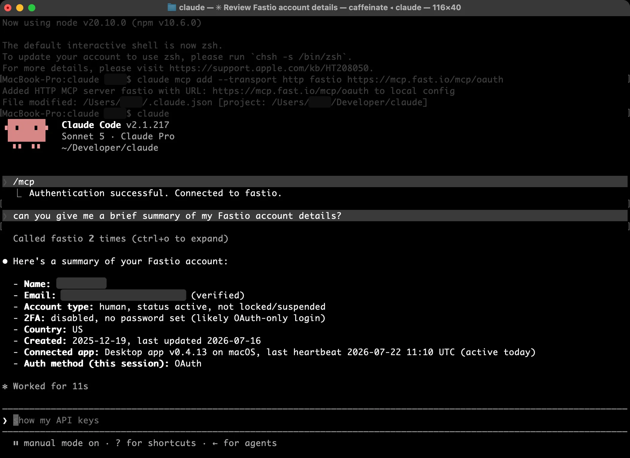 Claude Code showing a summary of the connected Fastio account
