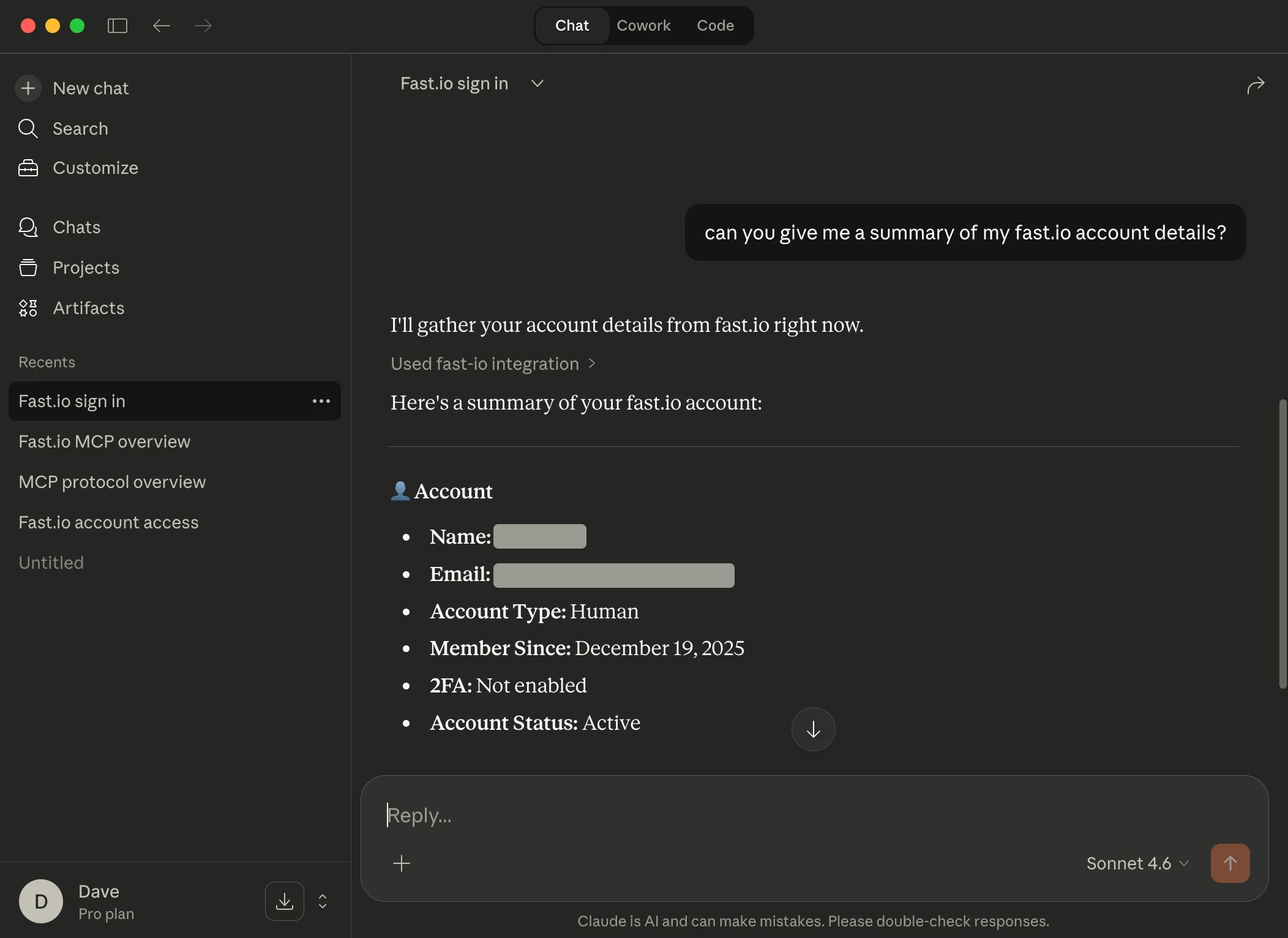 Claude Desktop showing Fast.io account details