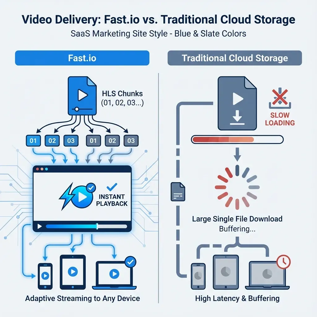 Fastio HLS streaming vs traditional video download workflow