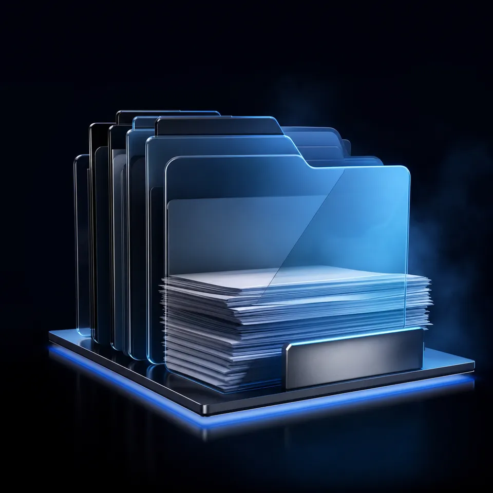 A clean modern office workspace with secure folders and document storage representing client intake.