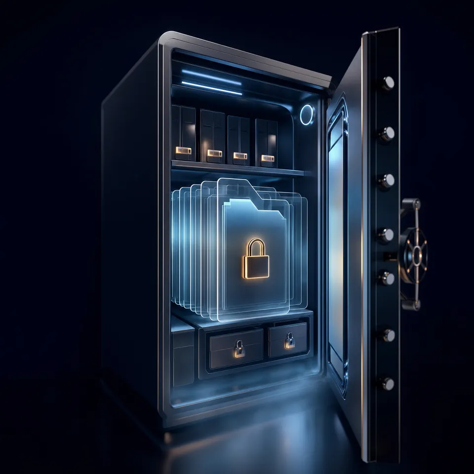Secure legal data room vault interface showing structured matter folders, access permissions, and audit logging for due diligence