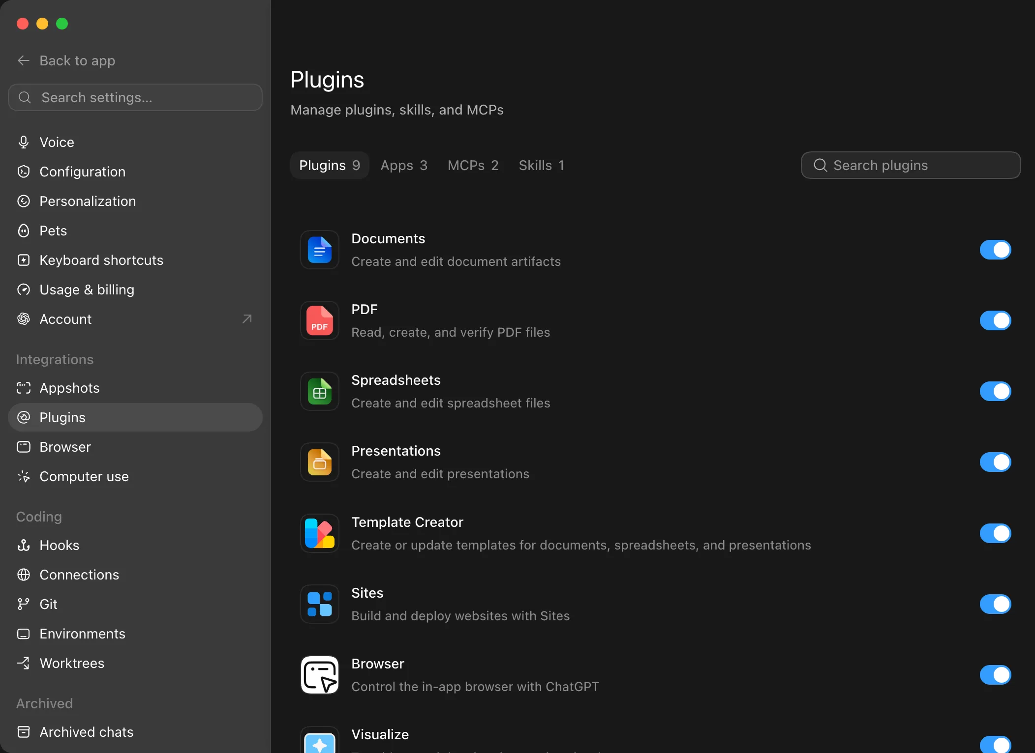 Codex Desktop Settings Plugins page