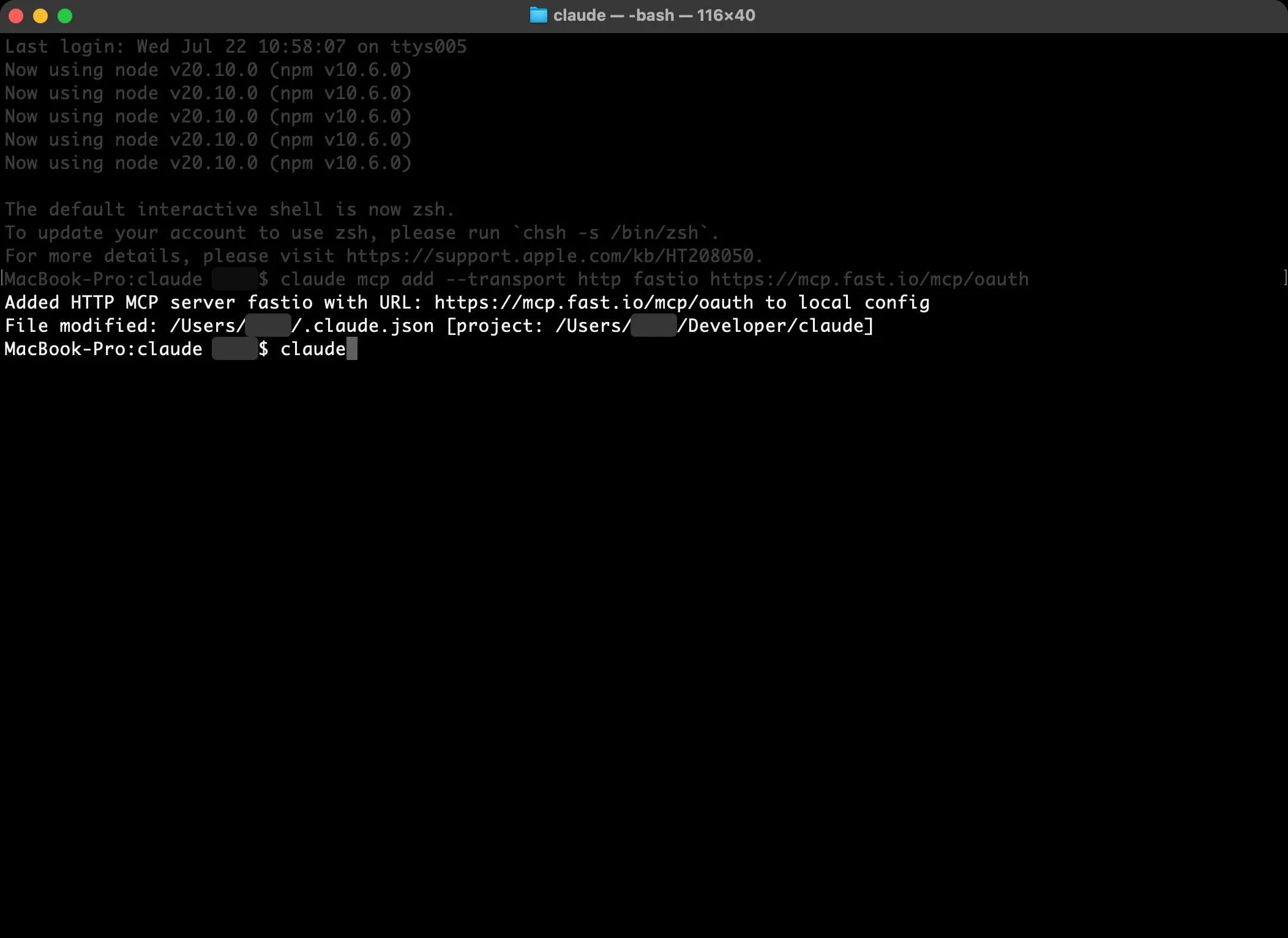 Terminal showing the Fastio MCP server added and starting Claude Code