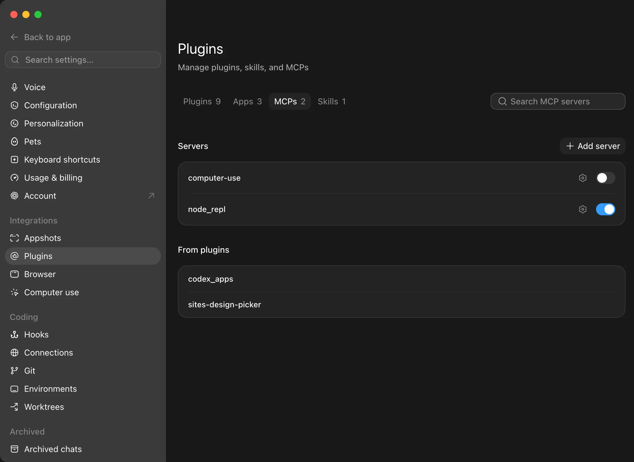 Codex Desktop MCPs tab with Add server button