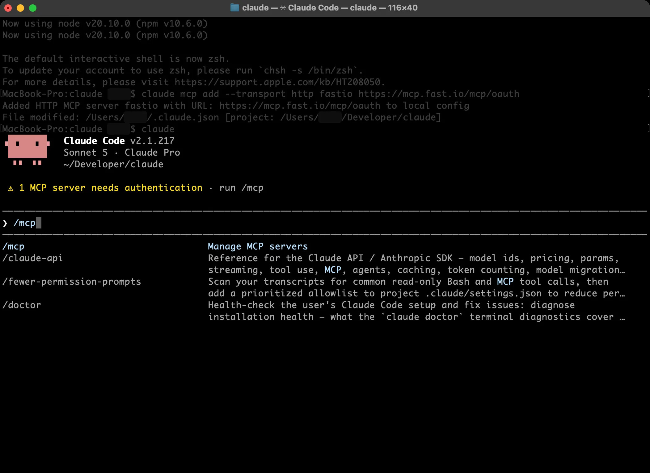 Claude Code session showing 1 MCP server needs authentication