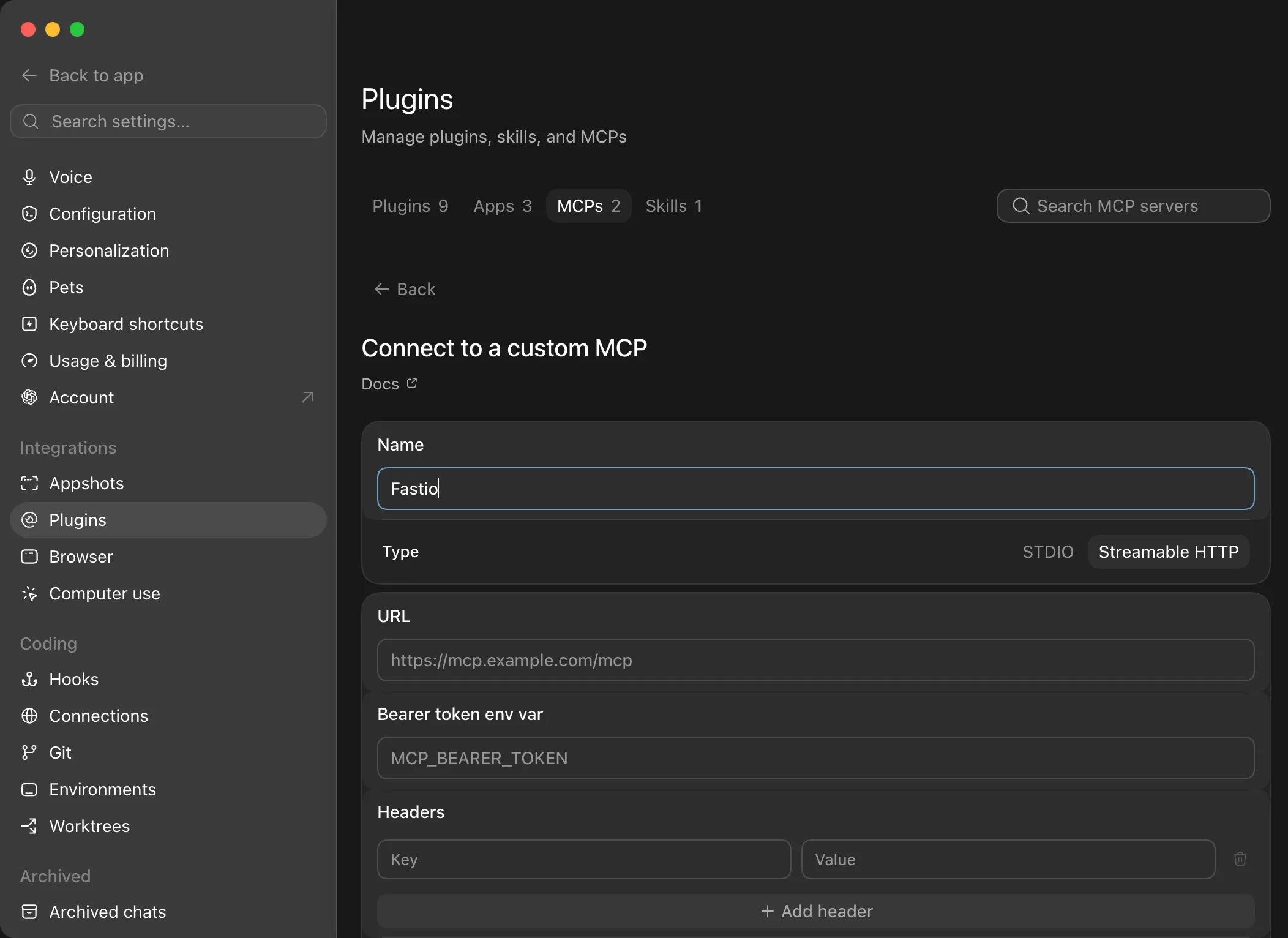 Codex Desktop Connect to a custom MCP form with name and type
