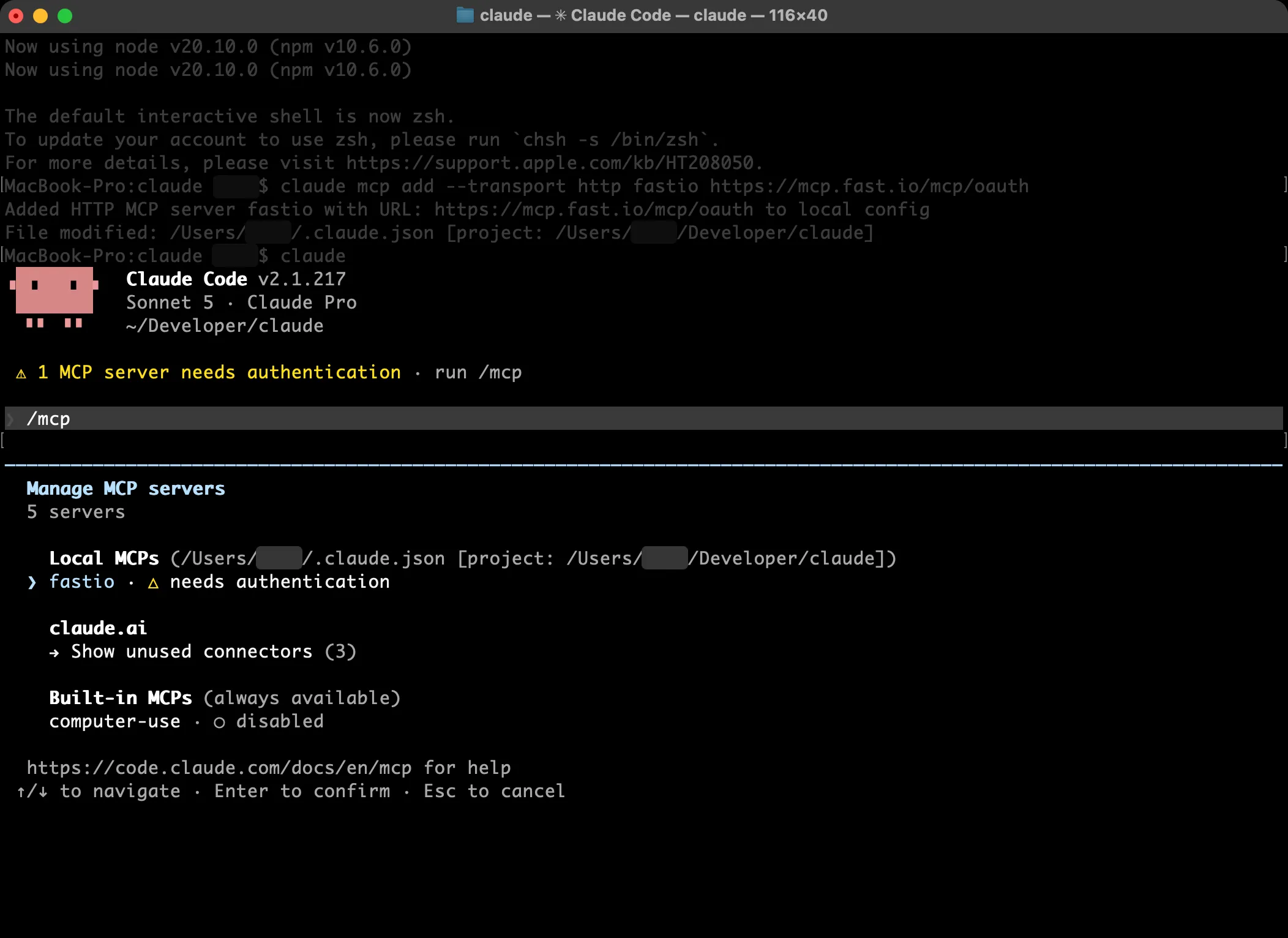 Claude Code MCP server list with fastio needing authentication