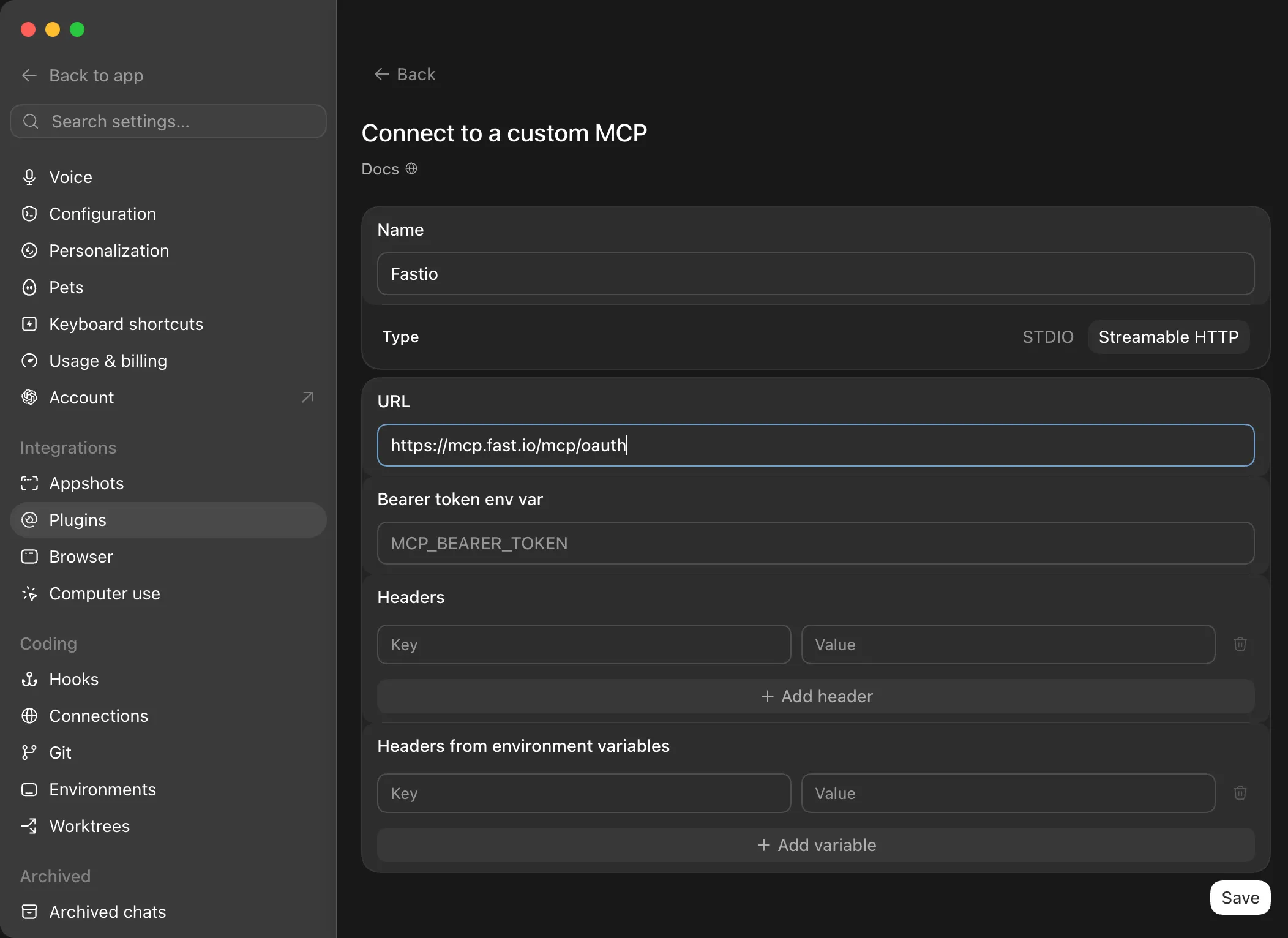 Codex Desktop Connect to a custom MCP form with the Fastio OAuth URL entered
