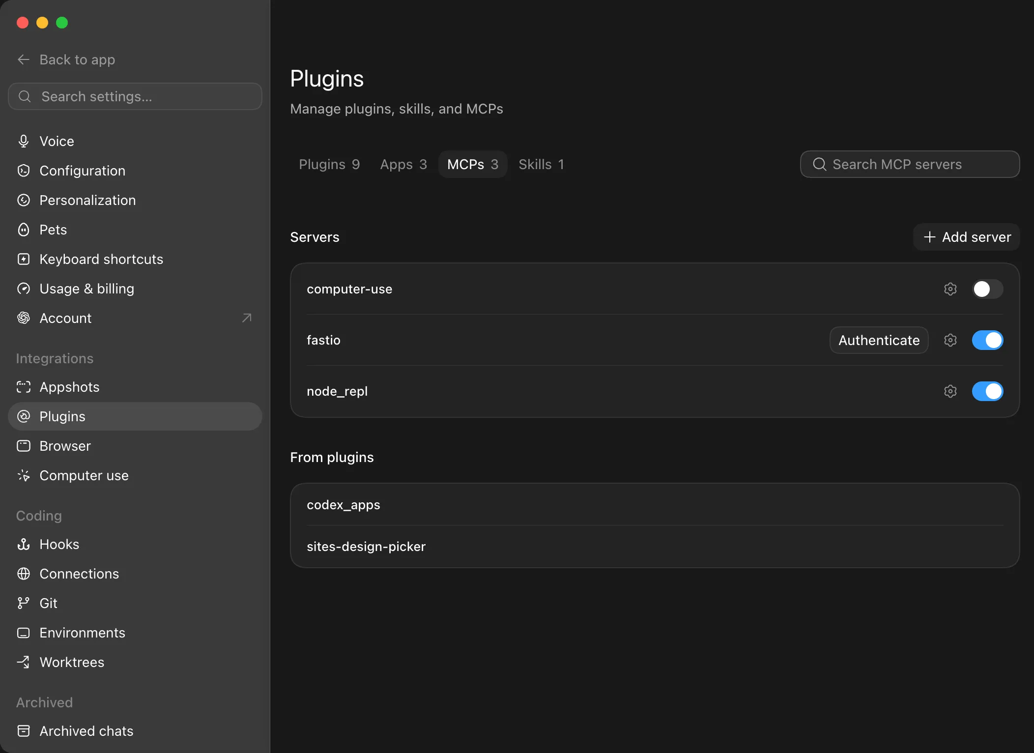 Codex Desktop MCP server list with Authenticate button for fastio