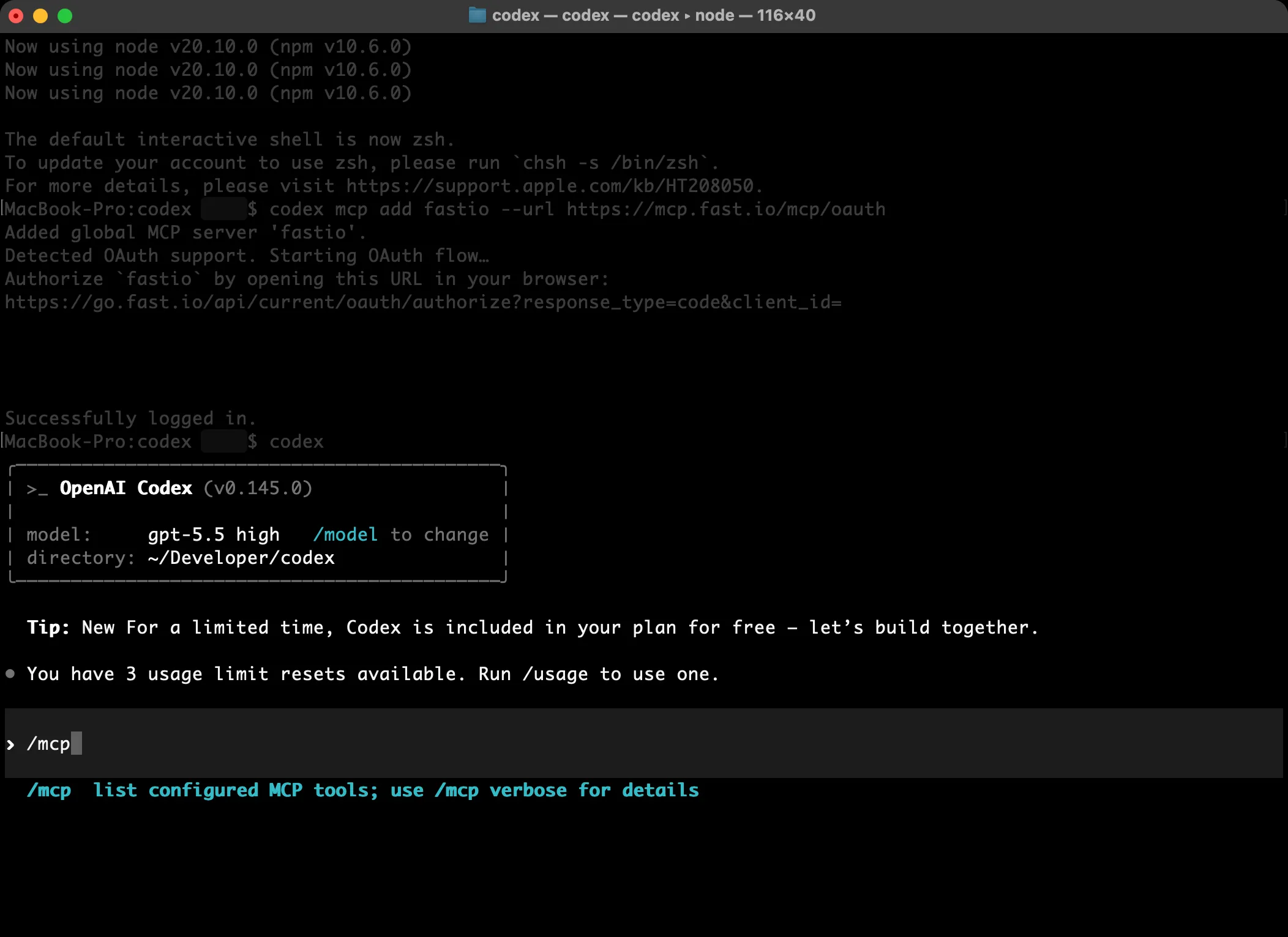 Codex CLI session with the /mcp command