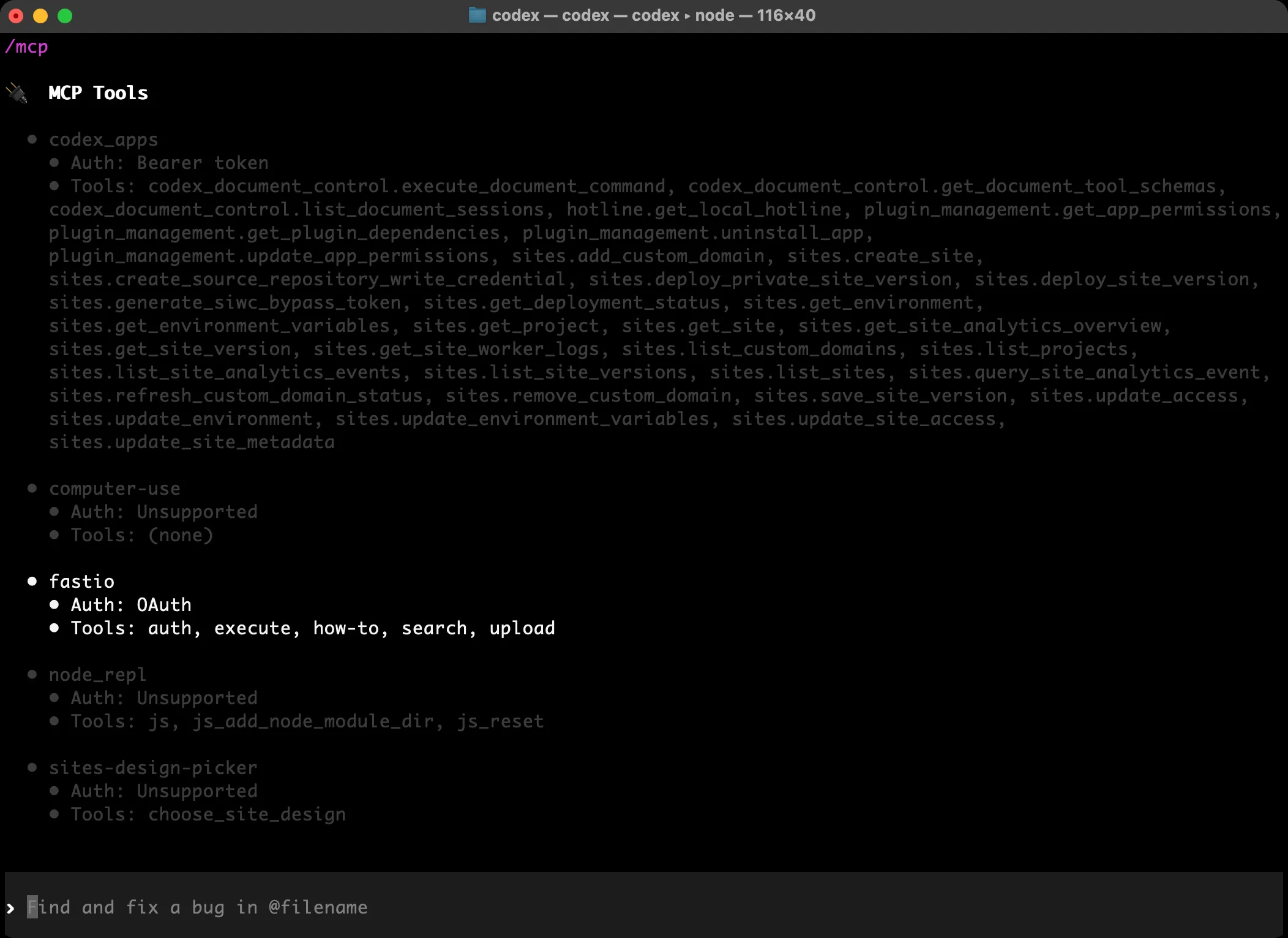 Codex CLI MCP tools list showing fastio connected with OAuth