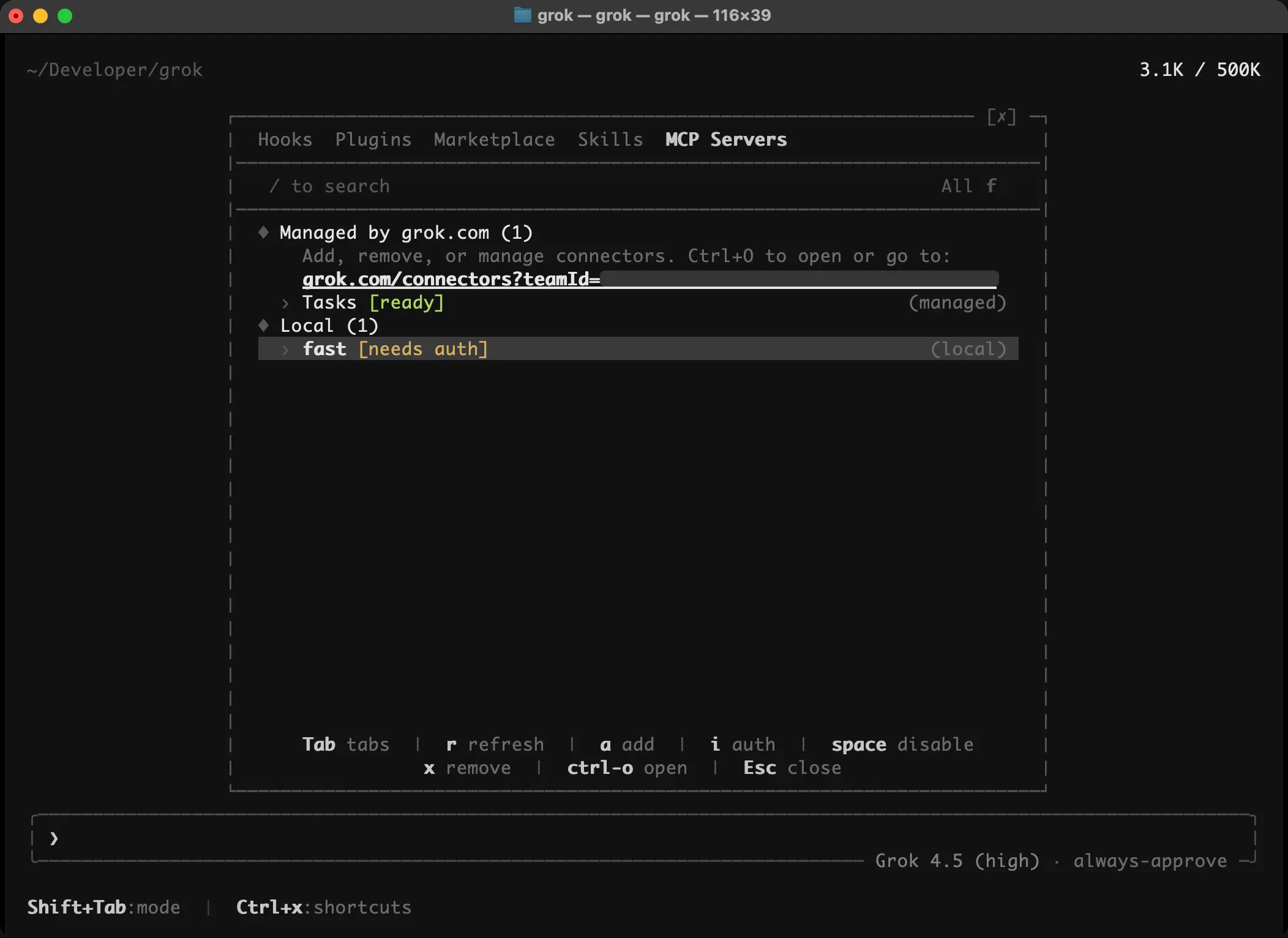 Grok CLI MCP list showing fast needs auth