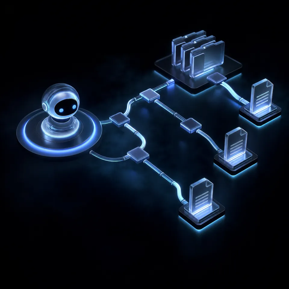 A collaborative retrieval-augmented generation pipeline separating search from synthesis using shared storage.