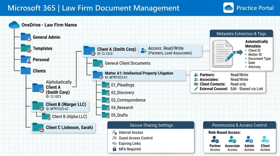 A structured diagram showing a law firm folder hierarchy in OneDrive with client and matter subfolders
