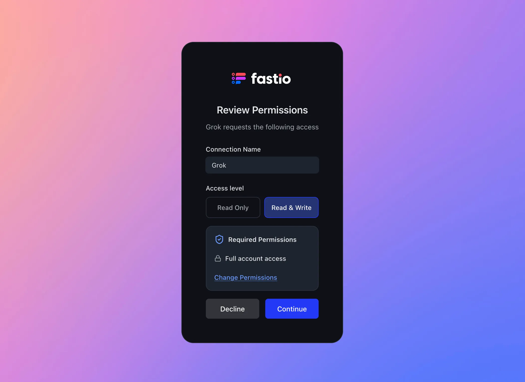 Fastio OAuth permission consent page