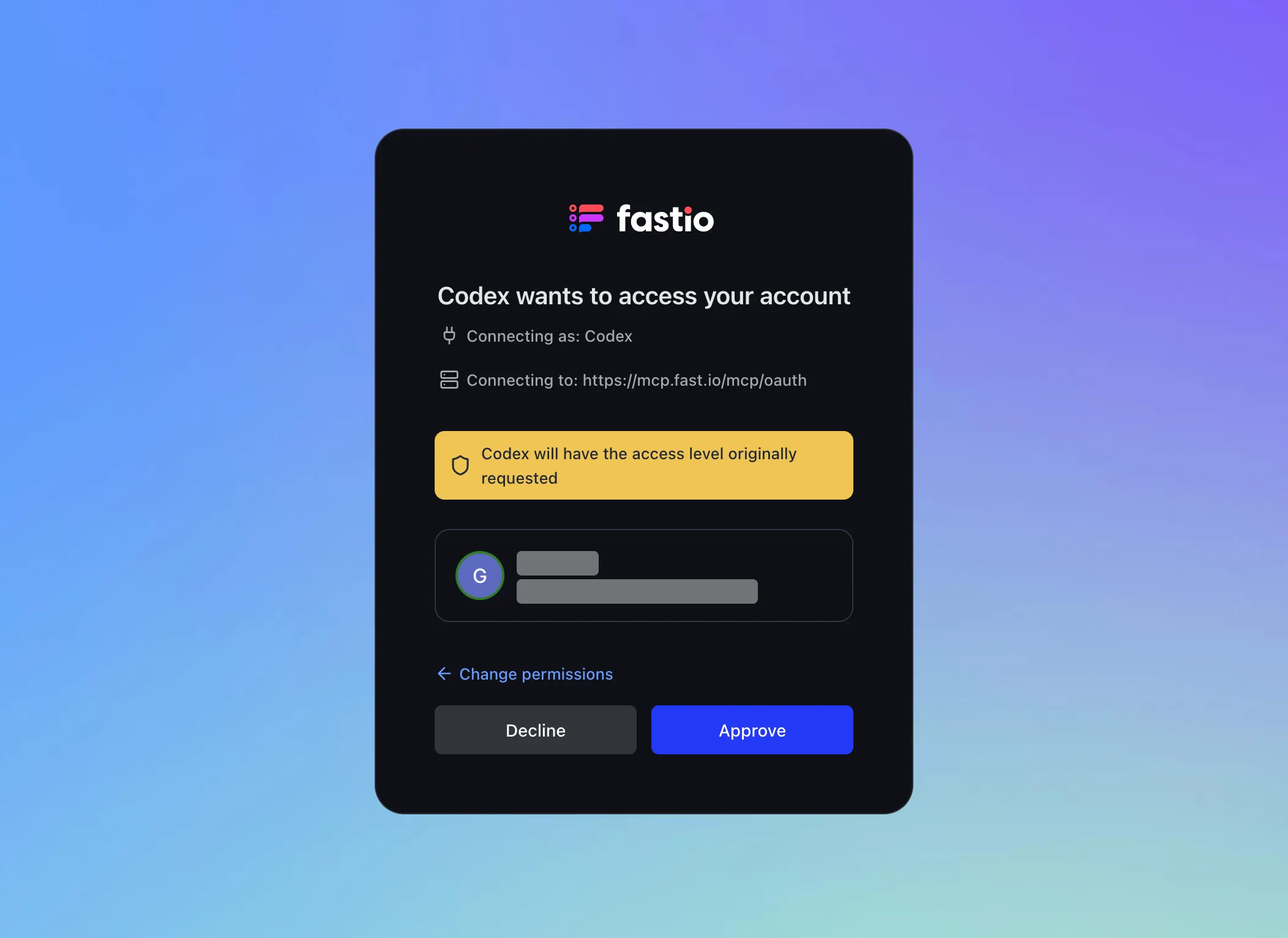 Fastio OAuth approval screen