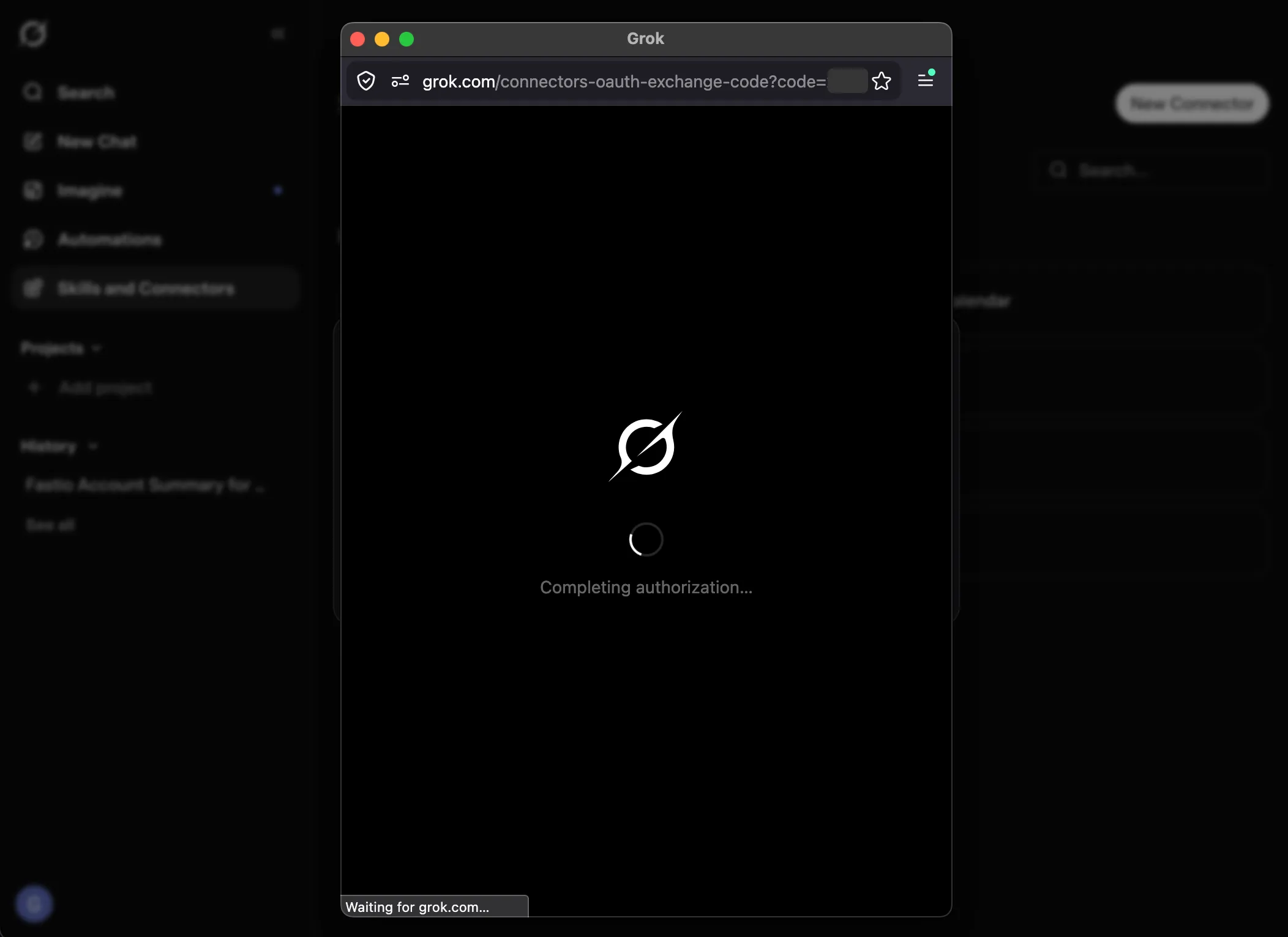 Grok completing authorization redirect after Fastio approval