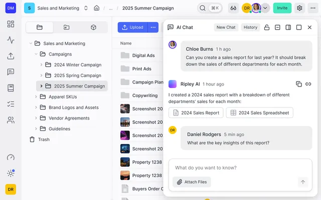 Ripley AI answering questions inside a Fastio workspace