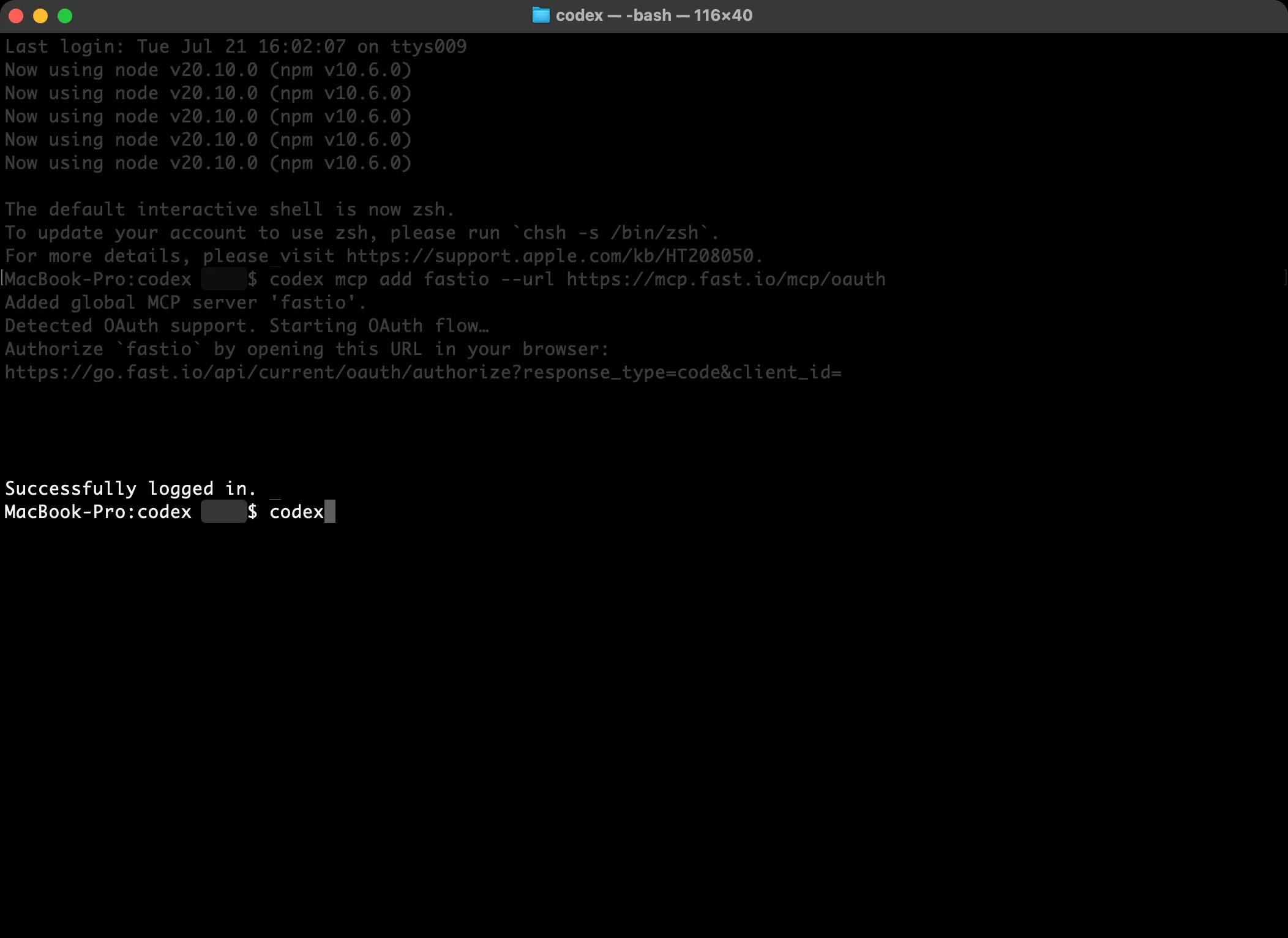 Terminal showing successful login and starting a new Codex session