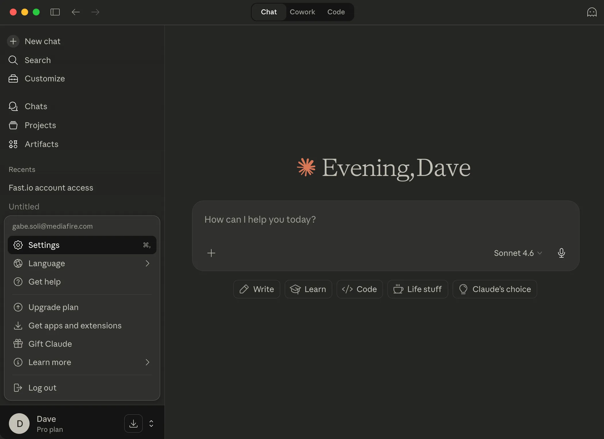 Claude Desktop user menu with Settings option