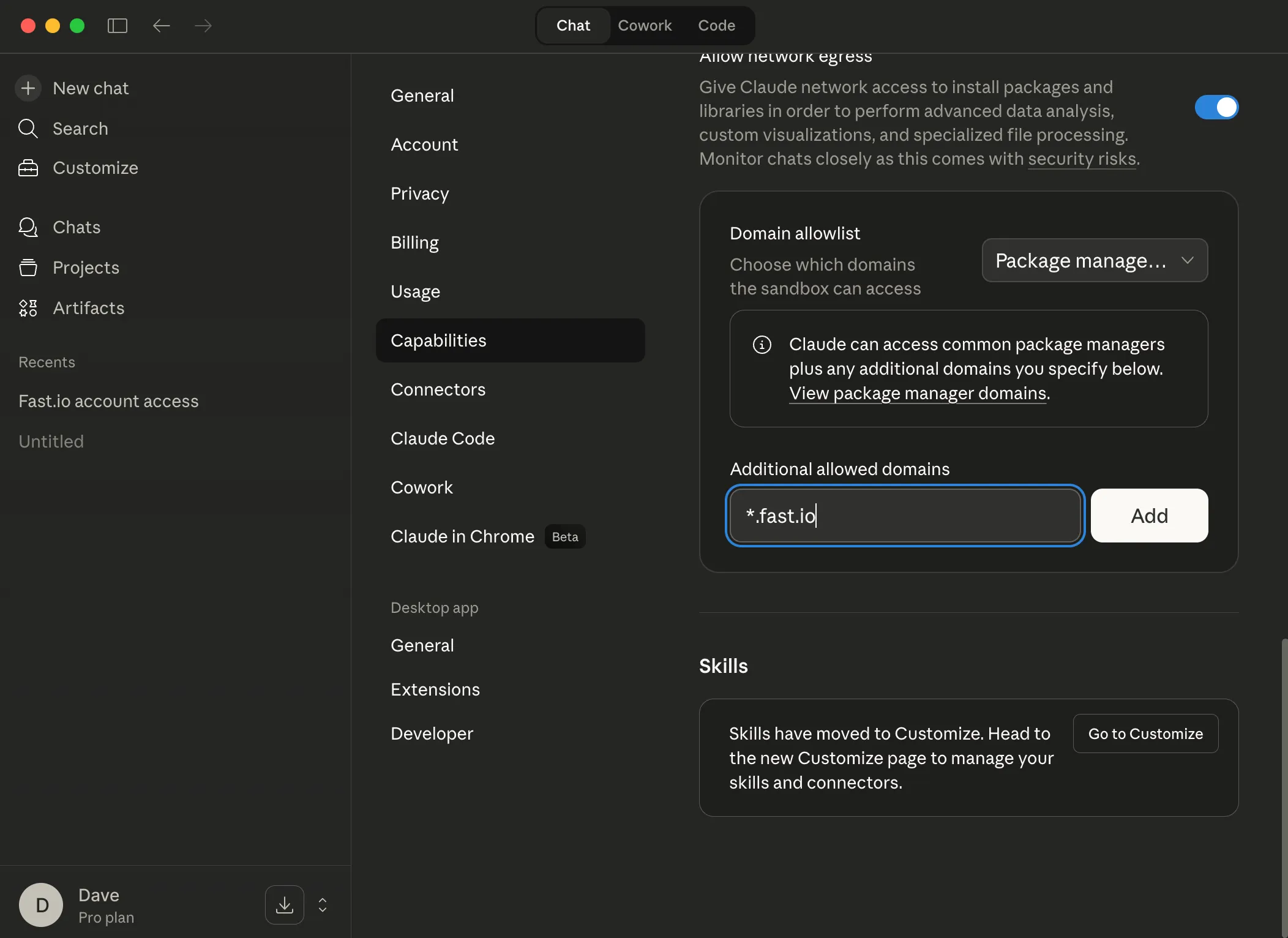 Claude Desktop Capabilities settings with Domain Allowlist