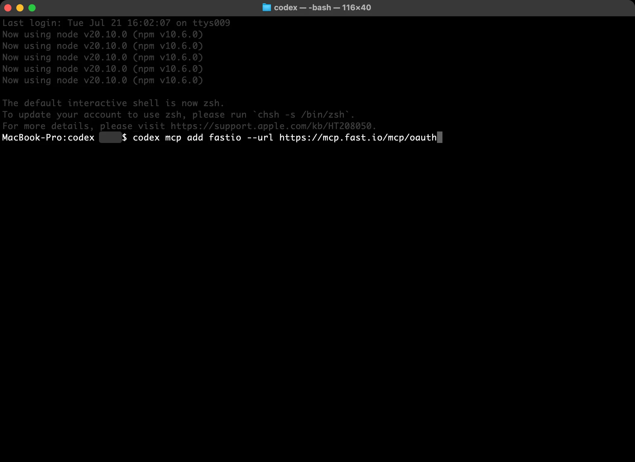 Terminal with the codex mcp add fastio OAuth command