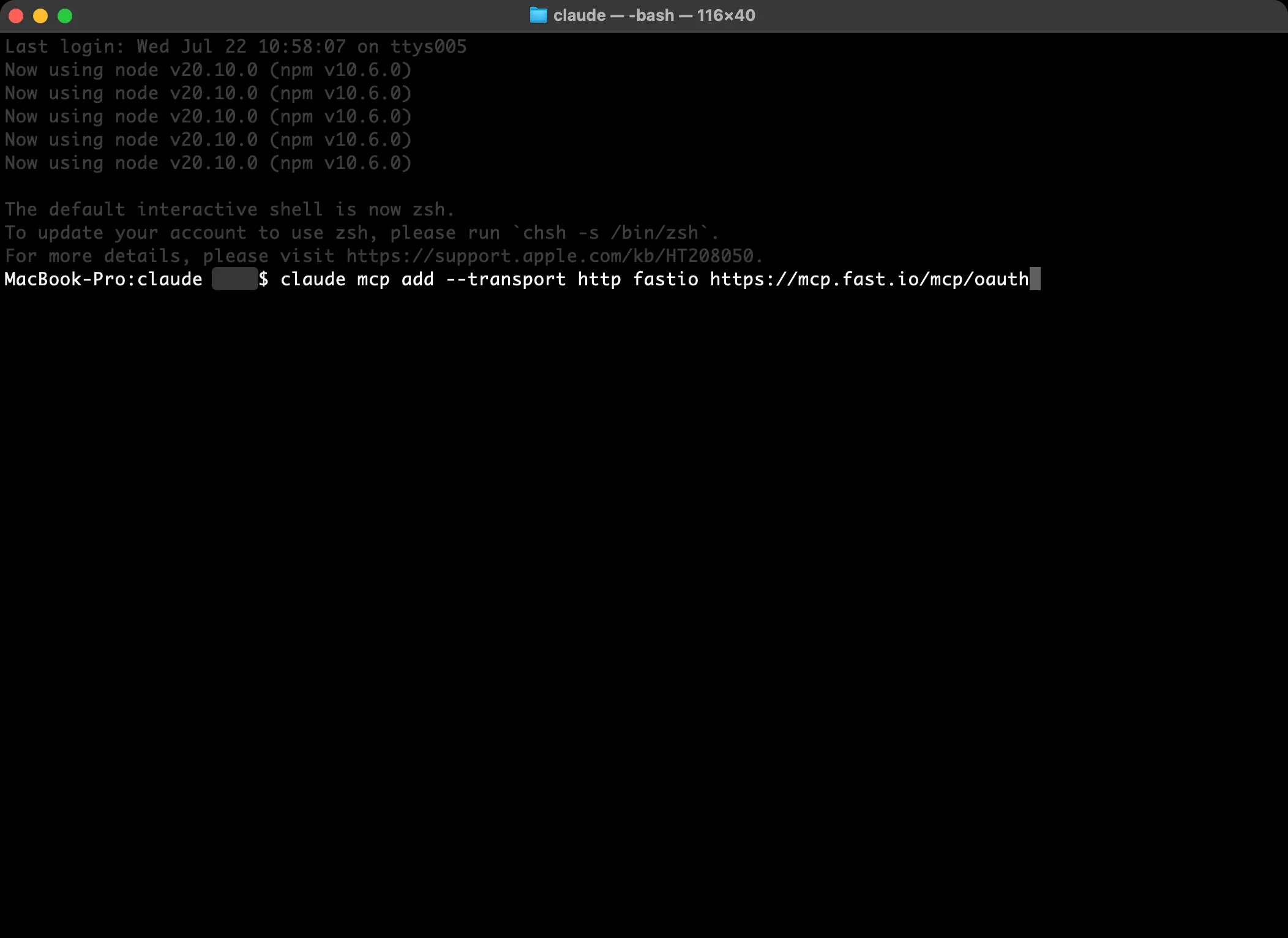 Terminal with the claude mcp add fastio OAuth command
