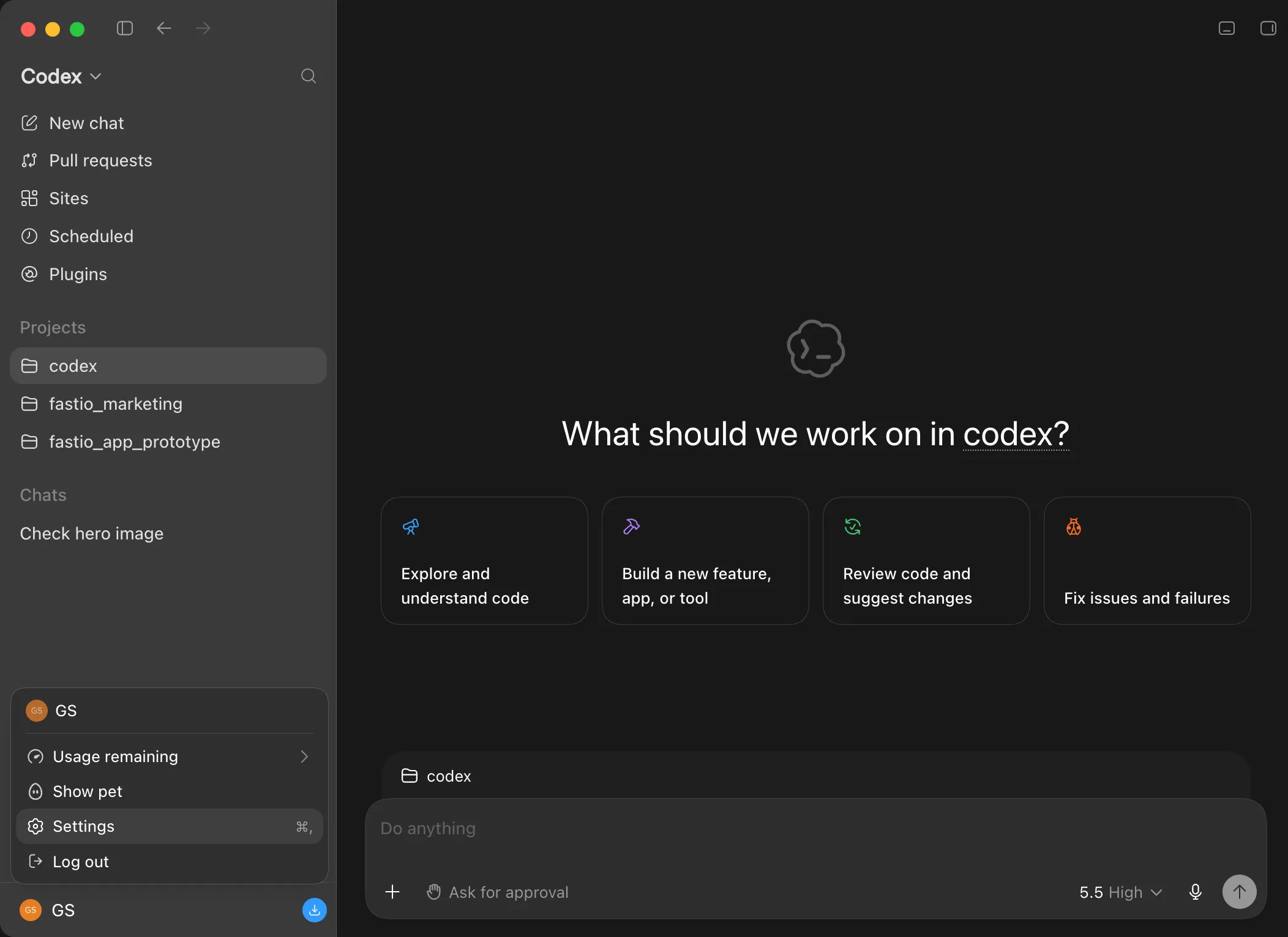 Codex Desktop user menu showing Settings option