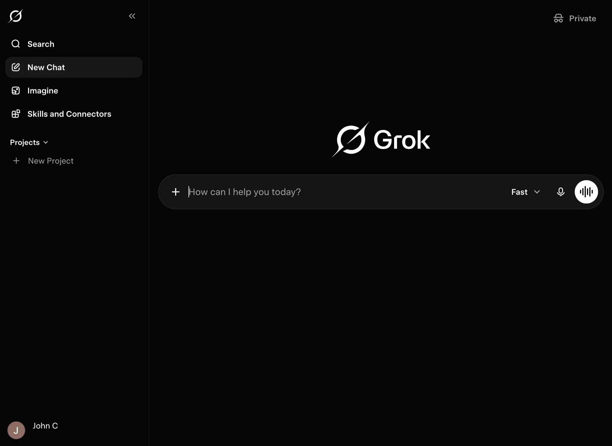 Grok homepage sidebar showing Skills and Connectors