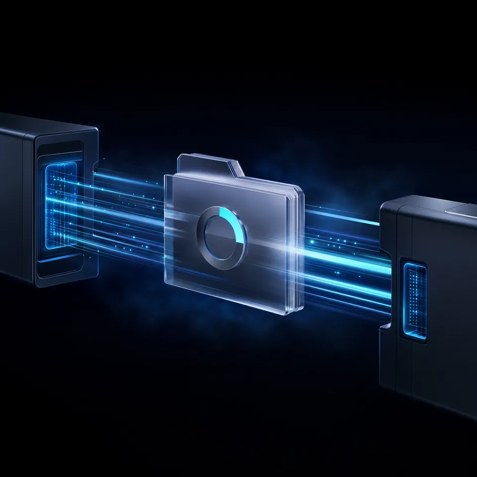 Sleek dark mode graphic displaying secure file sharing and cross-account workspace transition interface.