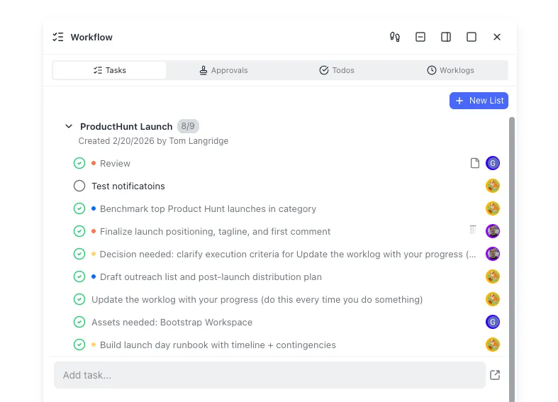 Task management interface showing workflow tracking and assignments