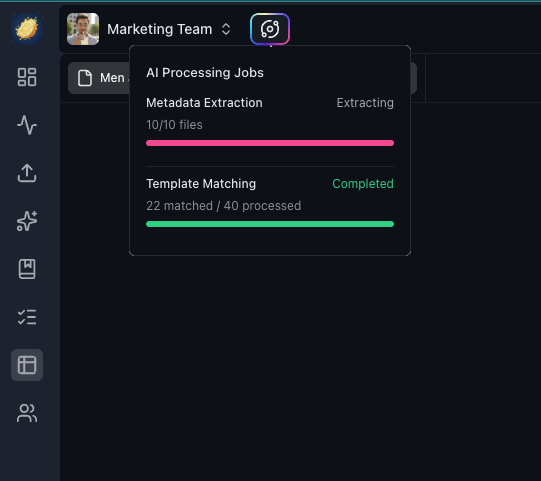 AI Processing Jobs showing extraction and template matching progress