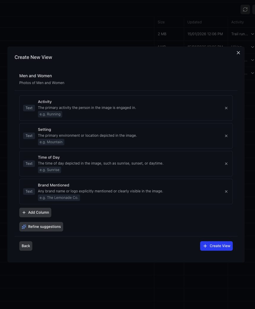 AI-suggested columns with example values
