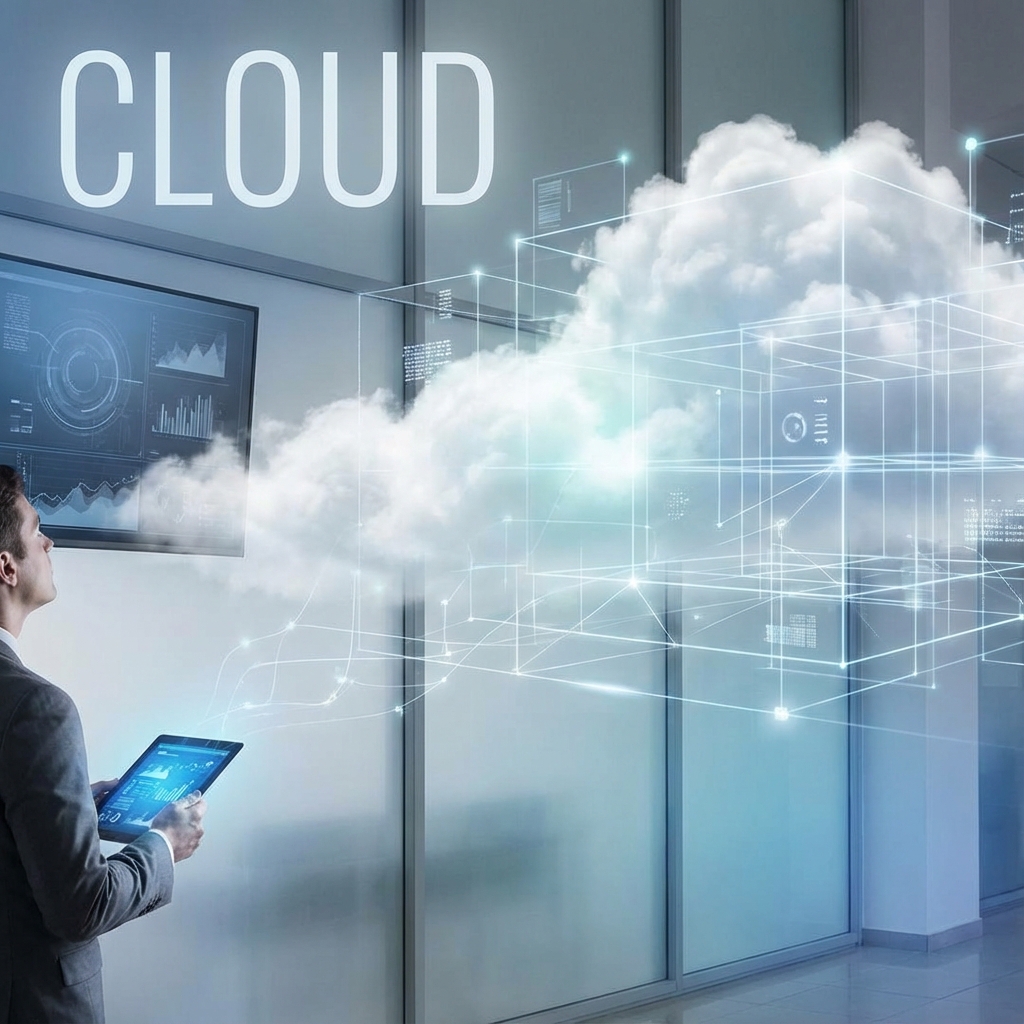 Ethereal cloud structures merging with digital grids